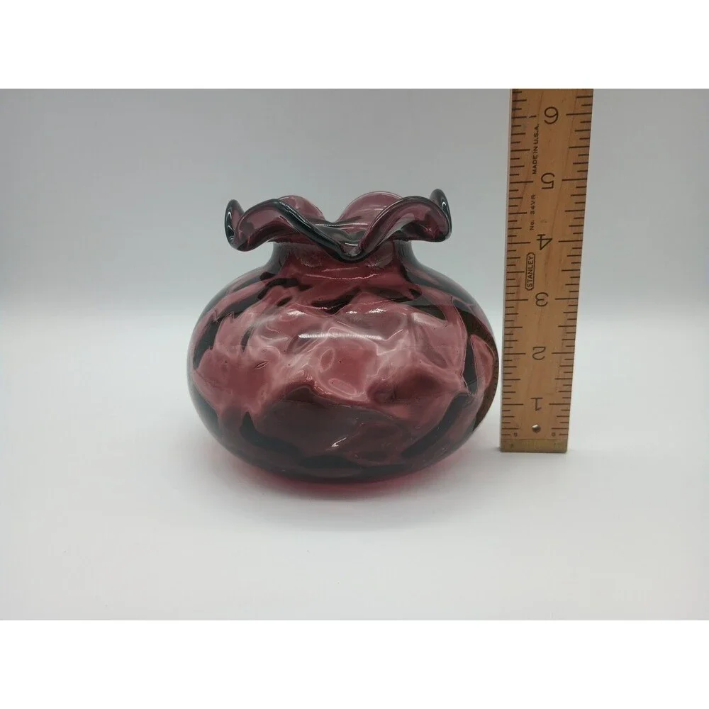 Vtg Purple Optic Glass Vase Diamond Plum Aubergine Scalloped Squat